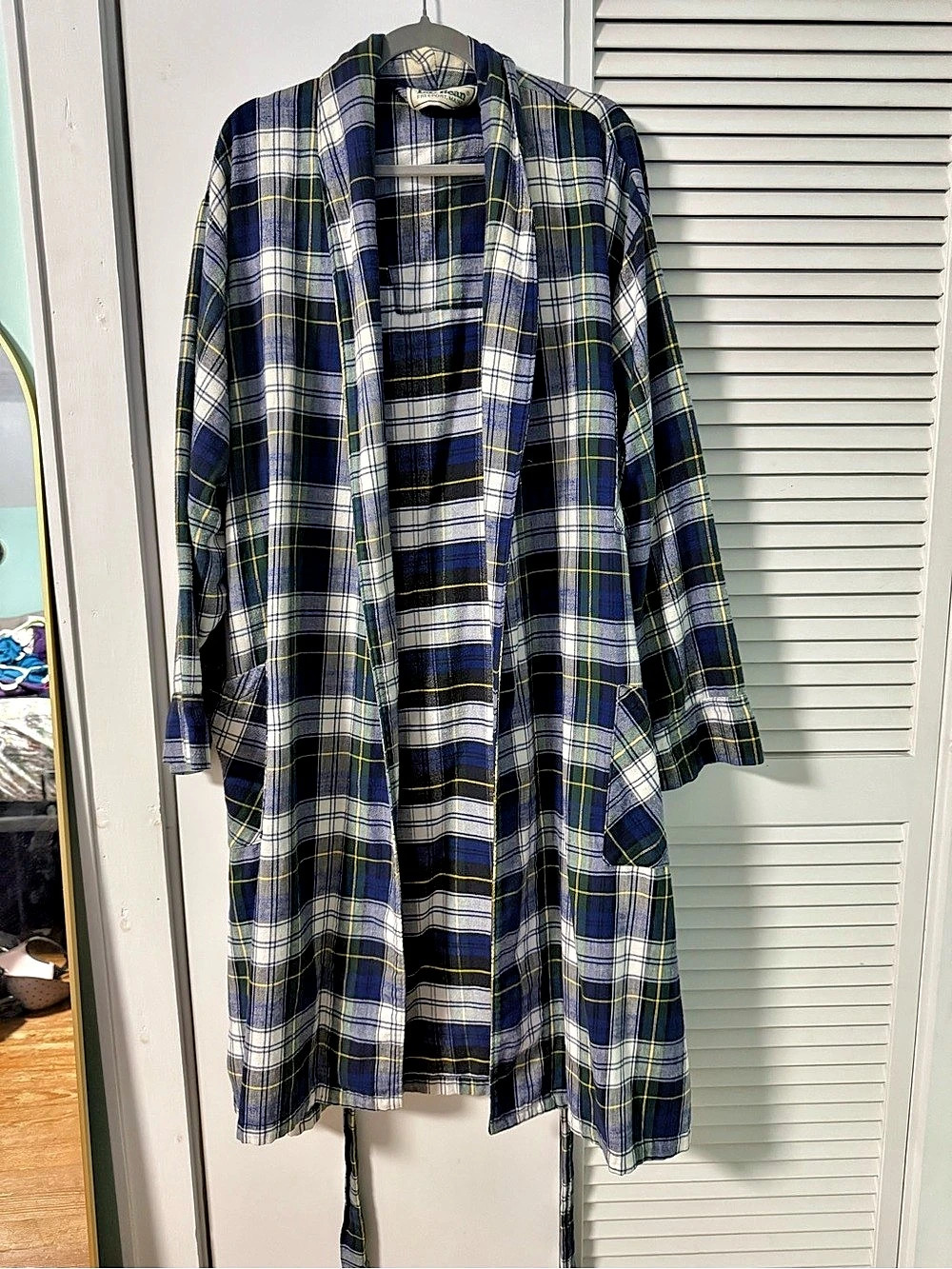 VINTAGE L.L.Bean Plaid Cotton flannel Robe Blue & White XL